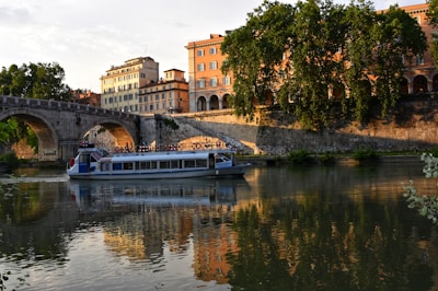 A river cruise boat sails along a calm waterway, reflecting the late afternoon sunlight. To the left, a stone bridge spans the river, with its large arches mirrored on the water's surface. On the banks, tall, lush trees provide shade and frame the scene with vibrant greenery. Historic buildings with warm-colored facades stand in the background, casting a golden glow.