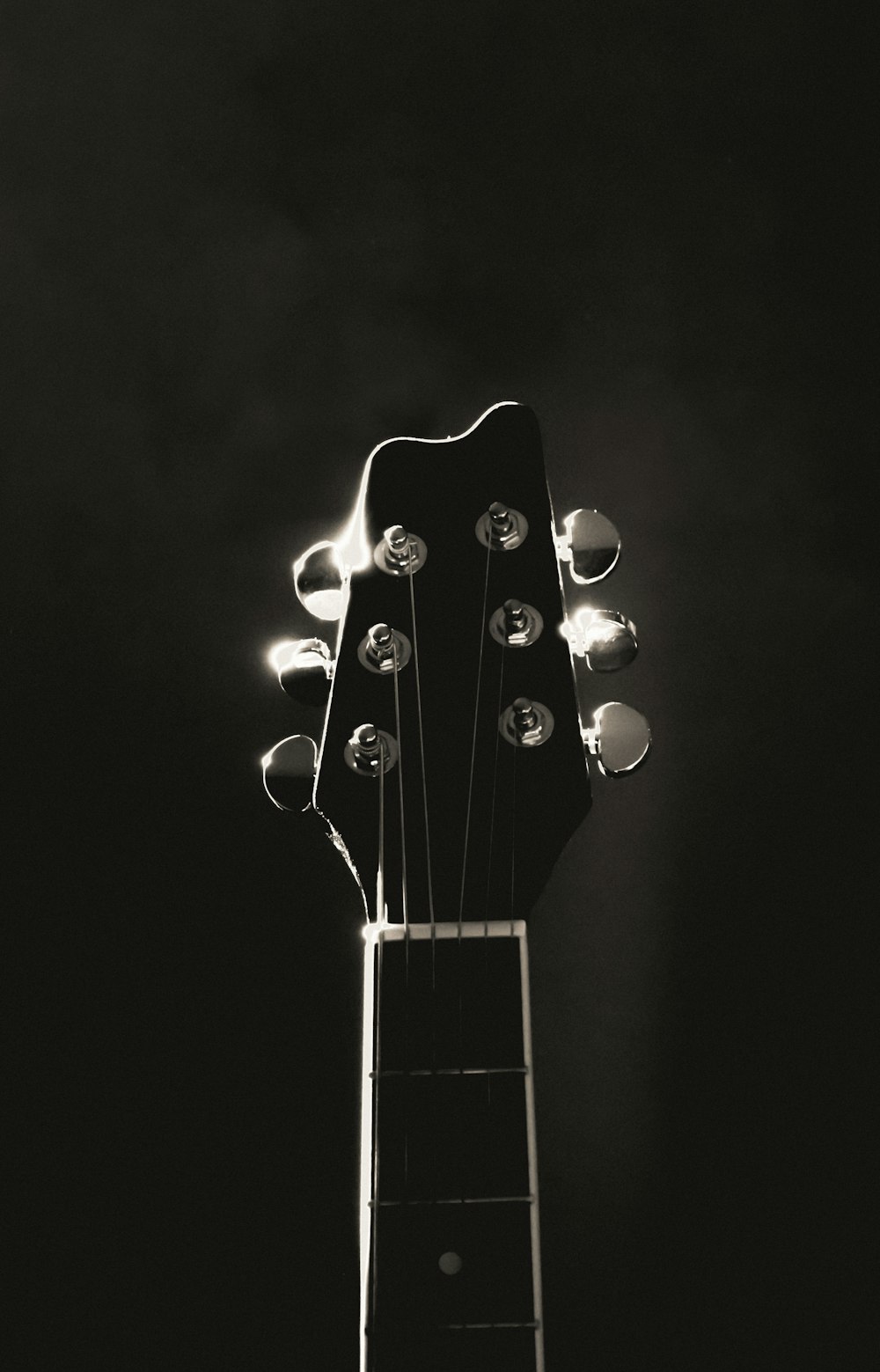 a black and white photo of an acoustic guitar