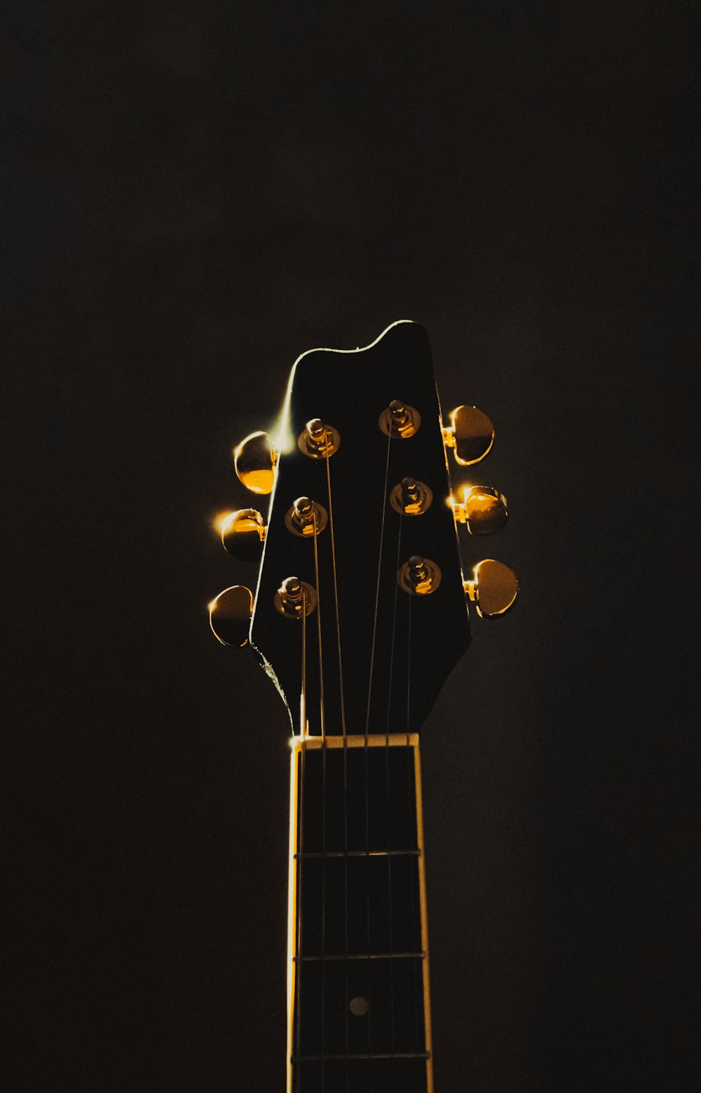 a close up of a guitar's neck in the dark