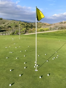 A golf course putting green scattered with numerous white golf balls. Two flags, one in the foreground and one in the midground, mark the holes. The backdrop features a landscape of rolling hills with green shrubs and grass under a partly cloudy sky.