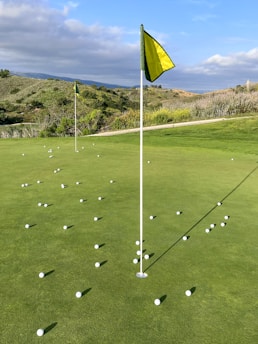 A golf course putting green scattered with numerous white golf balls. Two flags, one in the foreground and one in the midground, mark the holes. The backdrop features a landscape of rolling hills with green shrubs and grass under a partly cloudy sky.