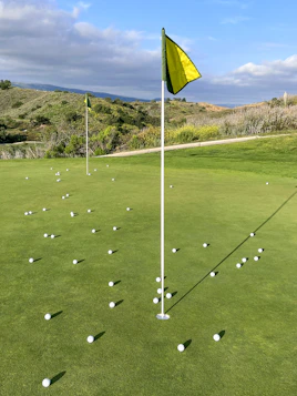 a golf course with a yellow flag and white balls