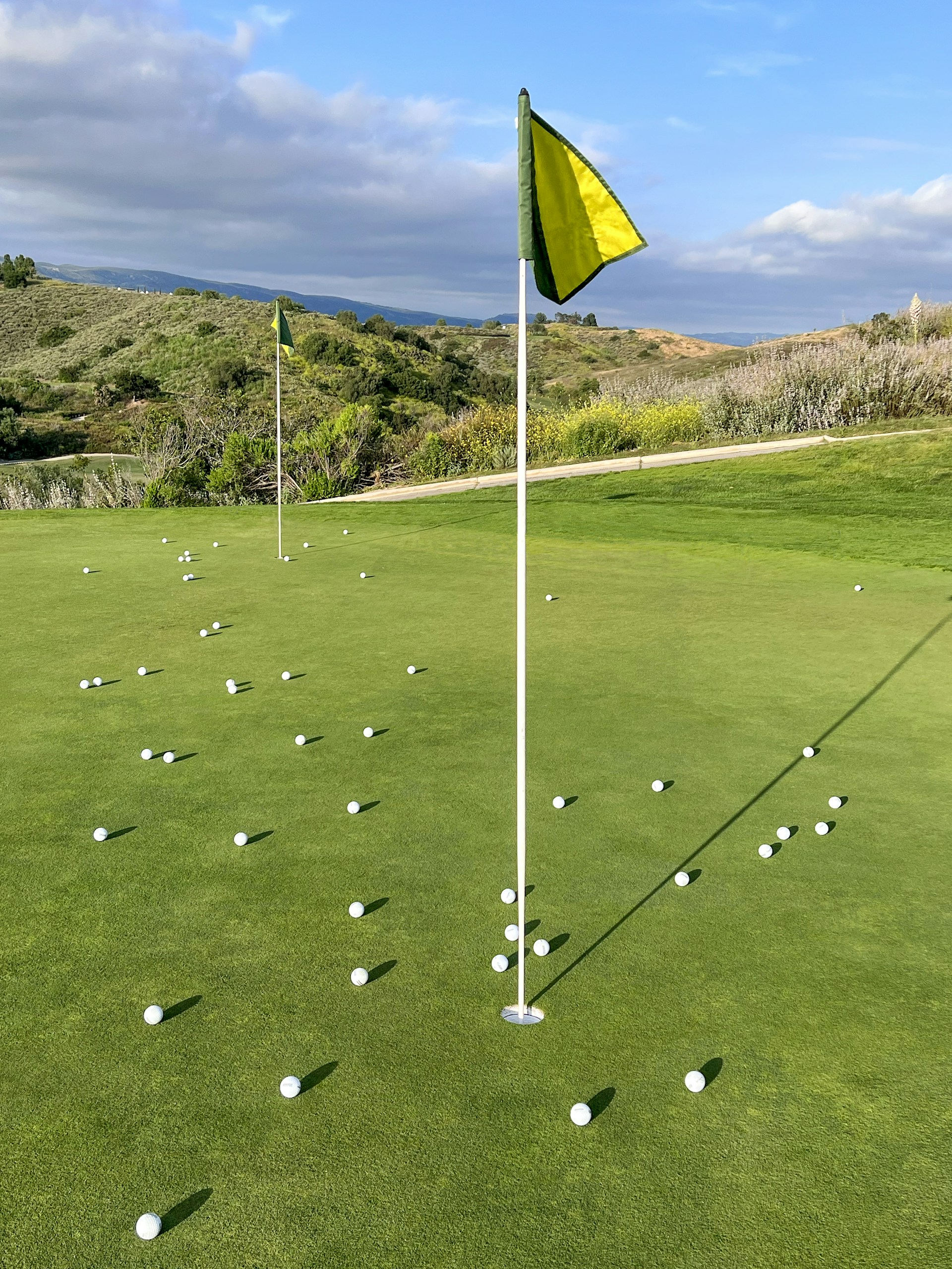 a golf course with a yellow flag and white balls