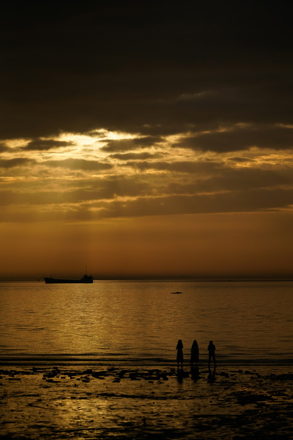 a group of people standing on top of a beach under a cloudy sky