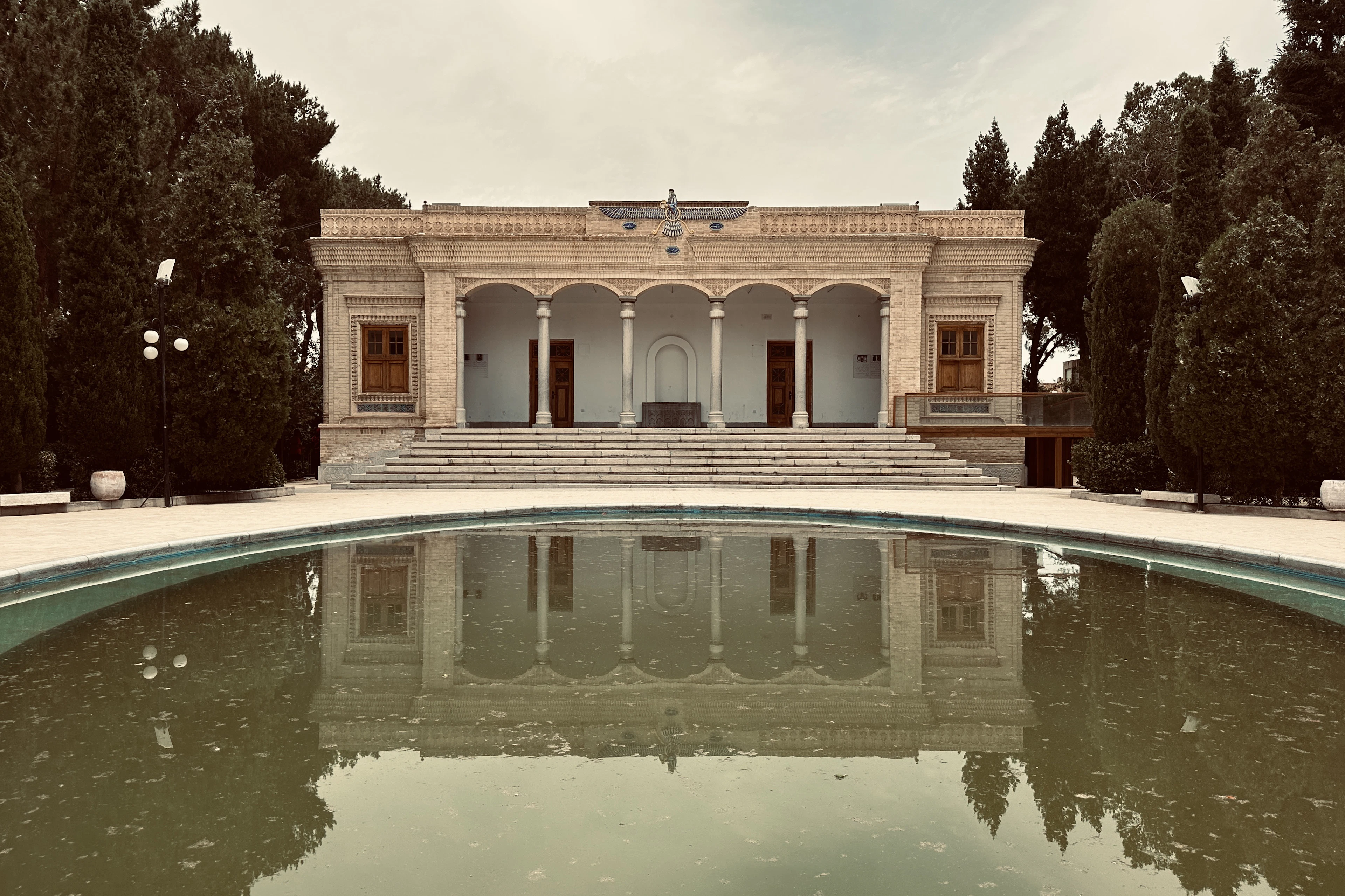Zoroastrian fire temple in Yazd with a reflecting pool