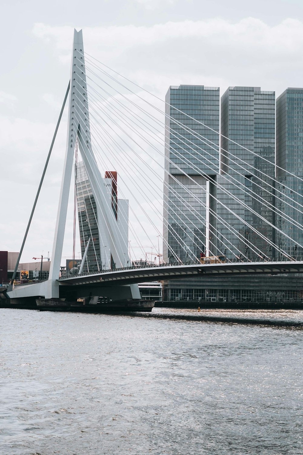 a bridge over a body of water with tall buildings in the background