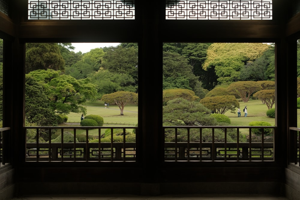 a view of a park through a window