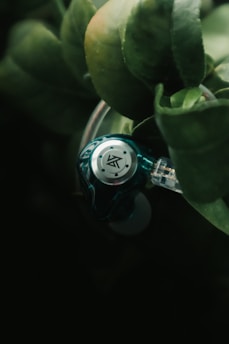 A teal-colored in-ear headphone is partially hidden among lush green leaves, creating a contrast between the technology and nature.