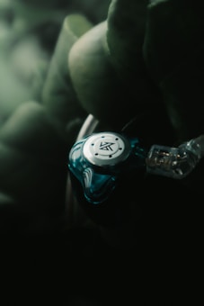 A close-up view of a blue and silver earphone with intricate design, surrounded by soft-focus greenery. The earphone appears sleek and modern, with visible wiring.