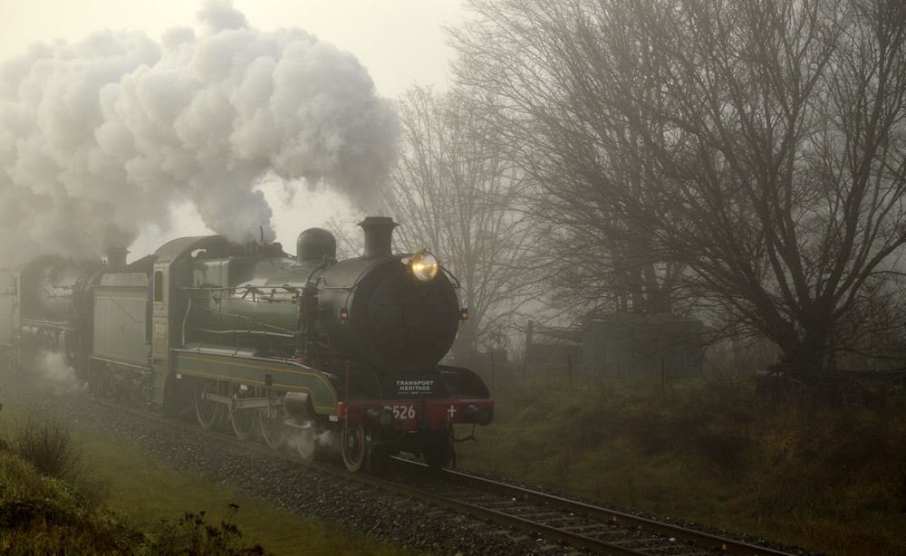 a steam train traveling down train tracks next to a forest