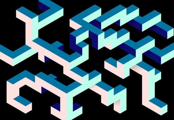 An abstract geometric design featuring a complex network of interconnected isometric shapes in a zigzag pattern. The shapes are primarily composed of shades of blue and cyan, creating a three-dimensional effect against a black background.