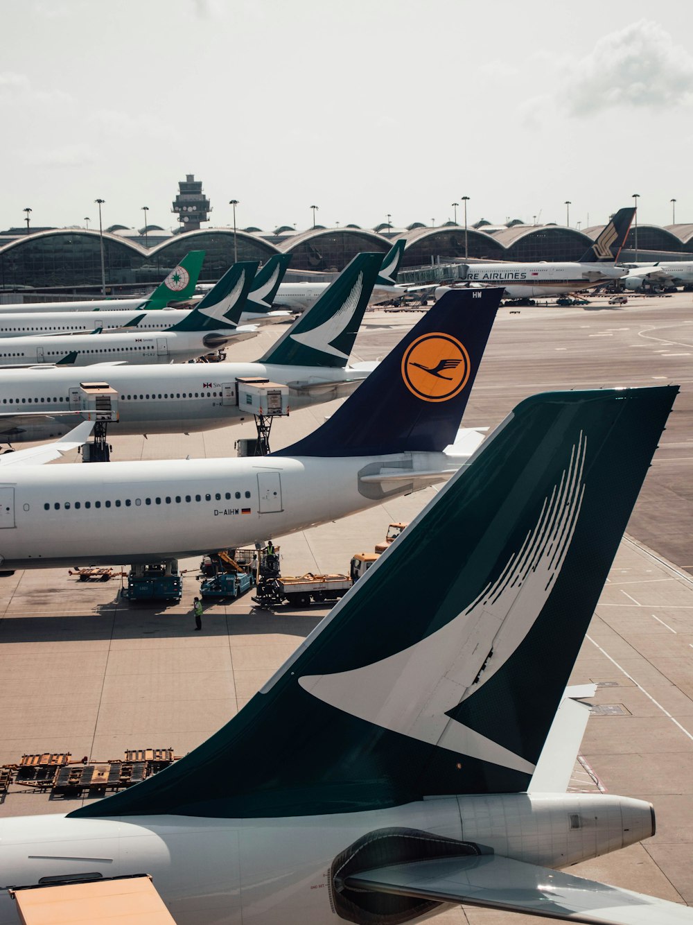 Eine Gruppe von Flugzeugen, die auf dem Rollfeld eines Flughafens sitzen