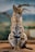 A serval cat with spotted fur sits elegantly on a wooden surface. The animal's large ears are forward-facing, and its eyes are closed. The background appears to be a blurred natural environment, suggesting a habitat or zoo setting.