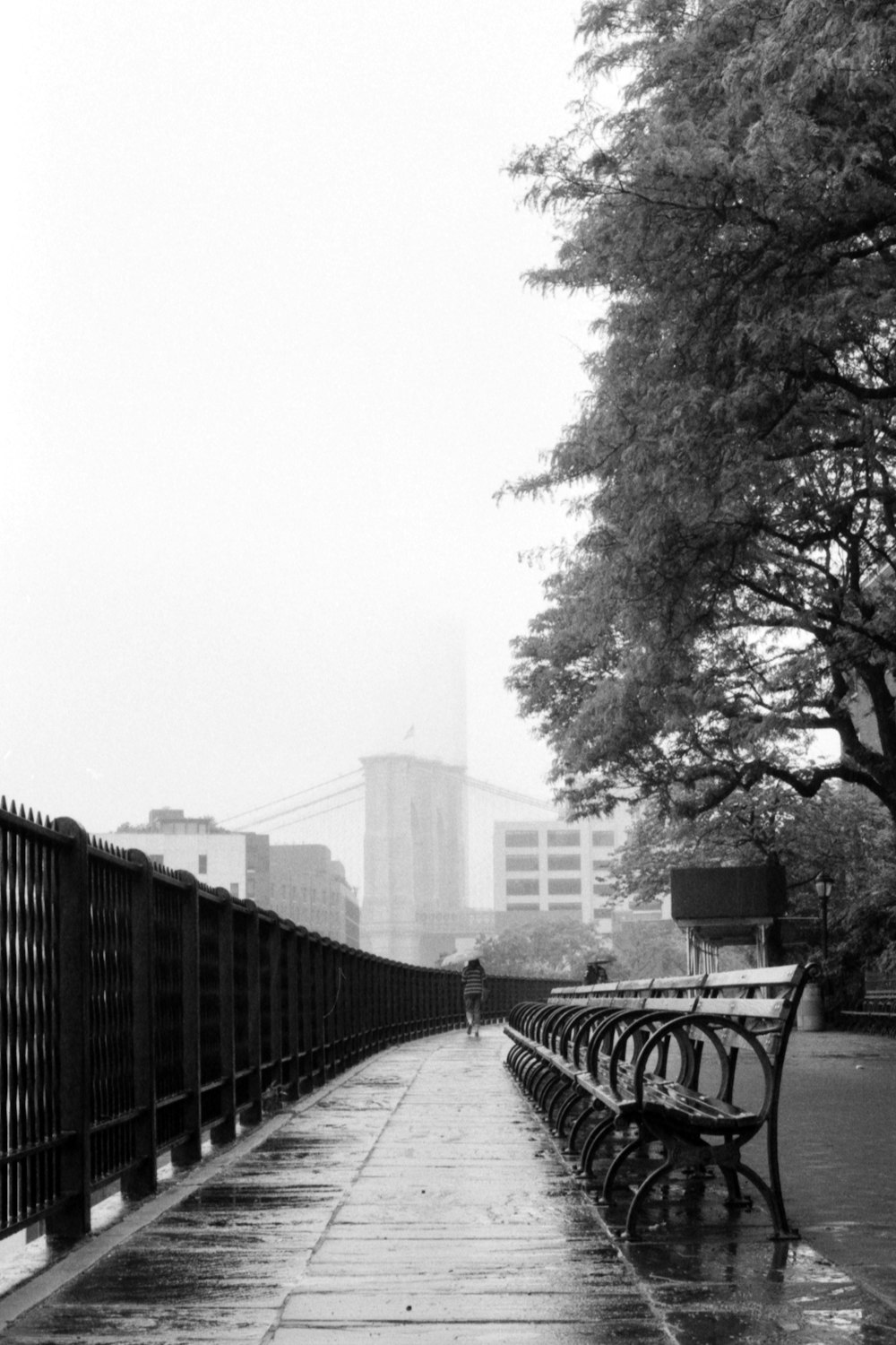 a black and white photo of a park bench