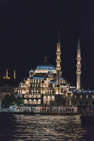 a large building that is lit up at night