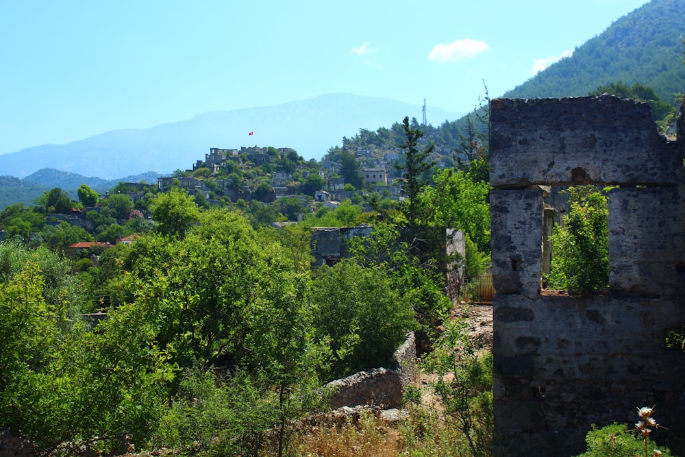 the ruins of a building in the middle of a forest