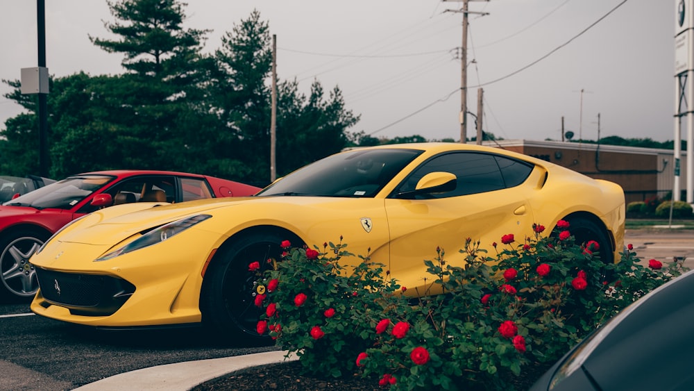 a yellow sports car parked in a parking lot