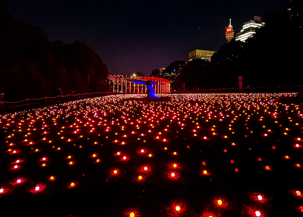 a field full of lit up pumpkins in the dark