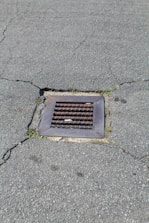 A metal drain cover is set into cracked asphalt pavement. Some small patches of grass are visible around the edges of the drain.