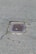 A metal drain cover is set into cracked asphalt pavement. Some small patches of grass are visible around the edges of the drain.