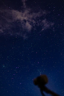 A shadowy figure gazing at a star-filled sky with faint UFO lights in the distance, evoking mystery and cosmic wonder.