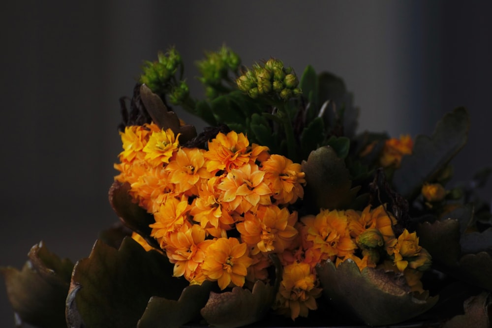 un mazzo di fiori gialli seduti sopra un tavolo