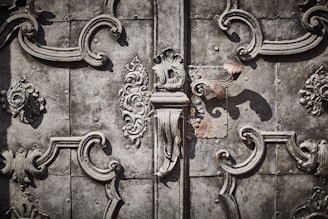 Intricate wrought ironwork with ornate floral and scroll patterns in a symmetrical design on an aged, textured metallic surface.