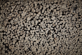 A dense stack of logs and cut wood pieces of various sizes, tightly packed together. The cross-sections of the logs display circular patterns and unique textures, with bark still visible on some pieces.