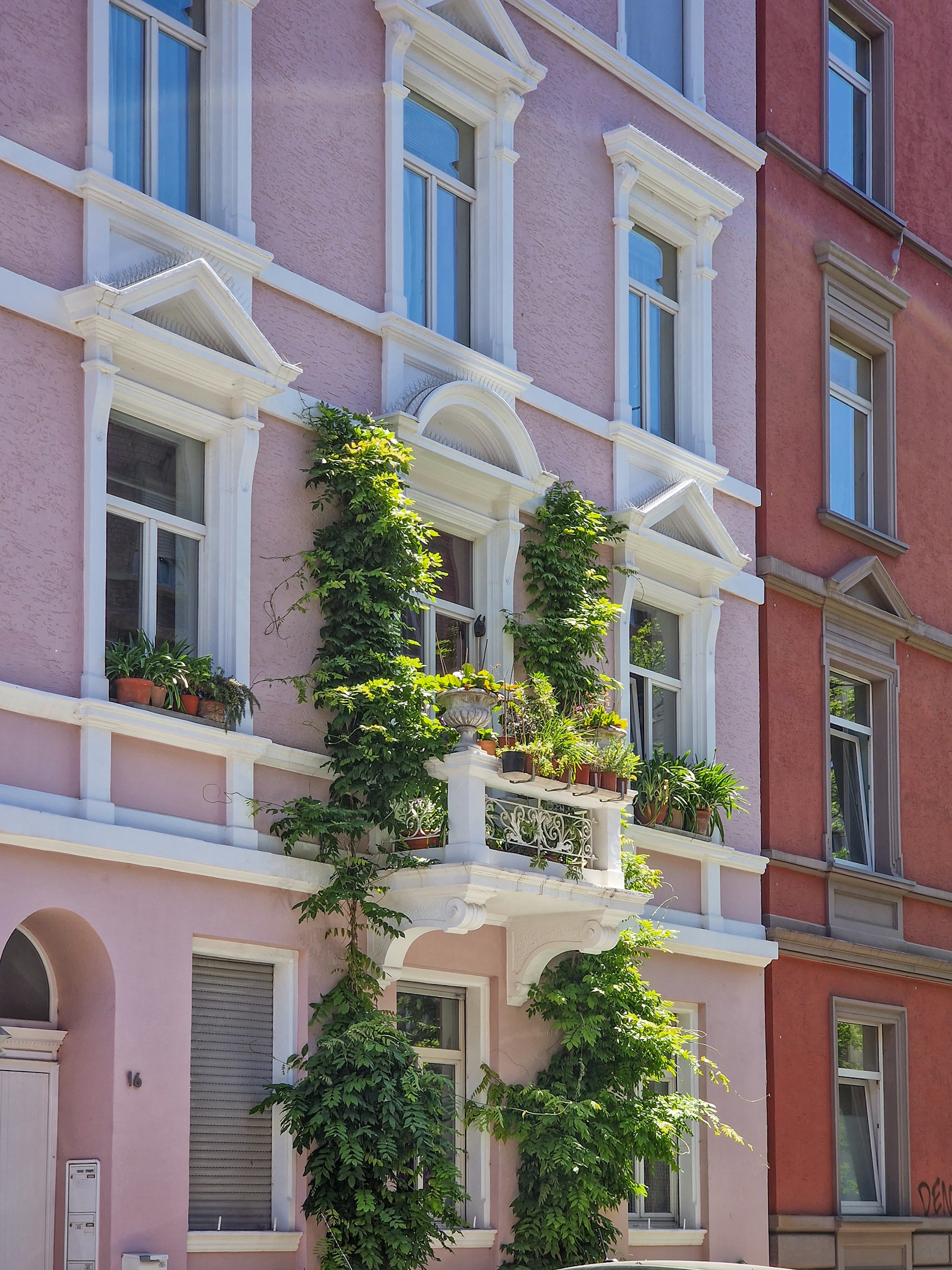 a pink building with many windows and plants growing on it