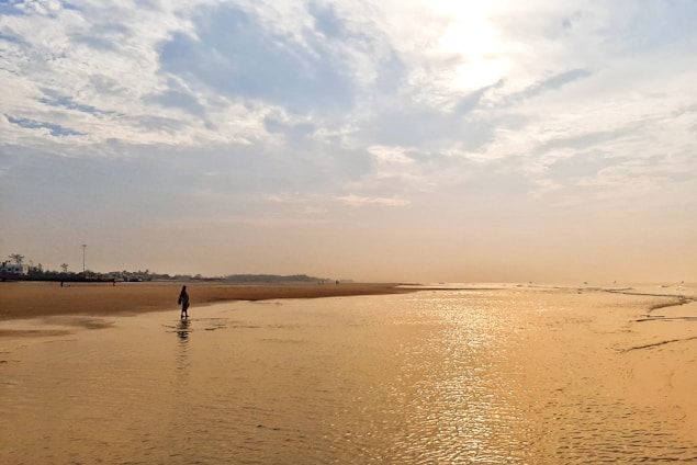 Traveller walking by the sea at sunrise on a peaceful beach