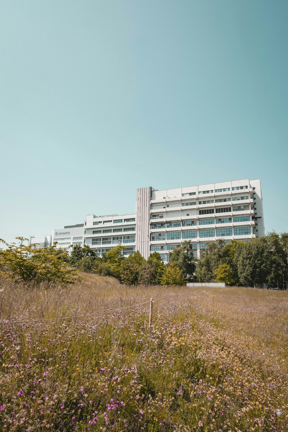 a tall building sitting on top of a lush green field