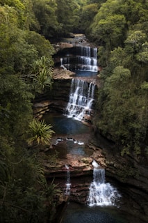 a large waterfall in the middle of a forest