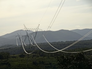 A series of electrical power lines stretch across a rural landscape with hills in the background. The power lines are supported by tall metal towers that are evenly spaced across the green, forested terrain. The sky is overcast, casting a muted light over the scene.