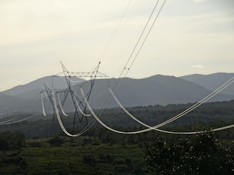 A series of electrical power lines stretch across a rural landscape with hills in the background. The power lines are supported by tall metal towers that are evenly spaced across the green, forested terrain. The sky is overcast, casting a muted light over the scene.