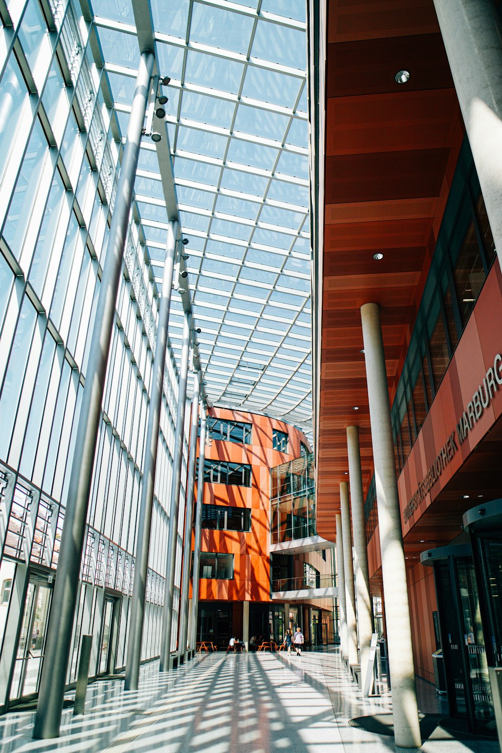 the inside of a building with many windows