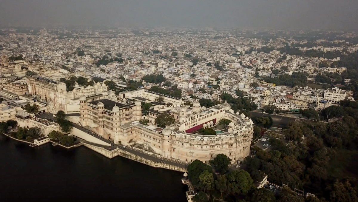 An aerial view of Udaipur and its lake