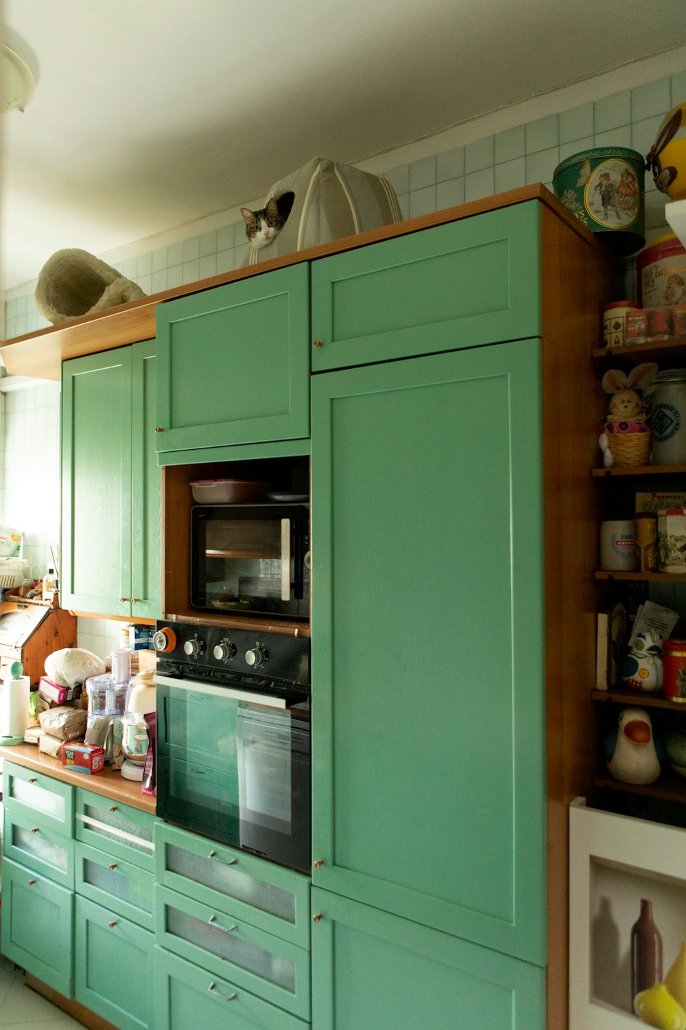 a kitchen with green cabinets and a stove