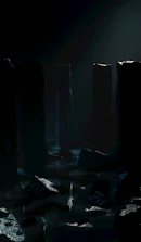 Obsidian-like black pillars standing tall in pitch-black shadows, emanating ruthless defense.