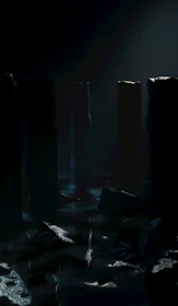 Obsidian-like black pillars standing tall in pitch-black shadows, emanating ruthless defense.