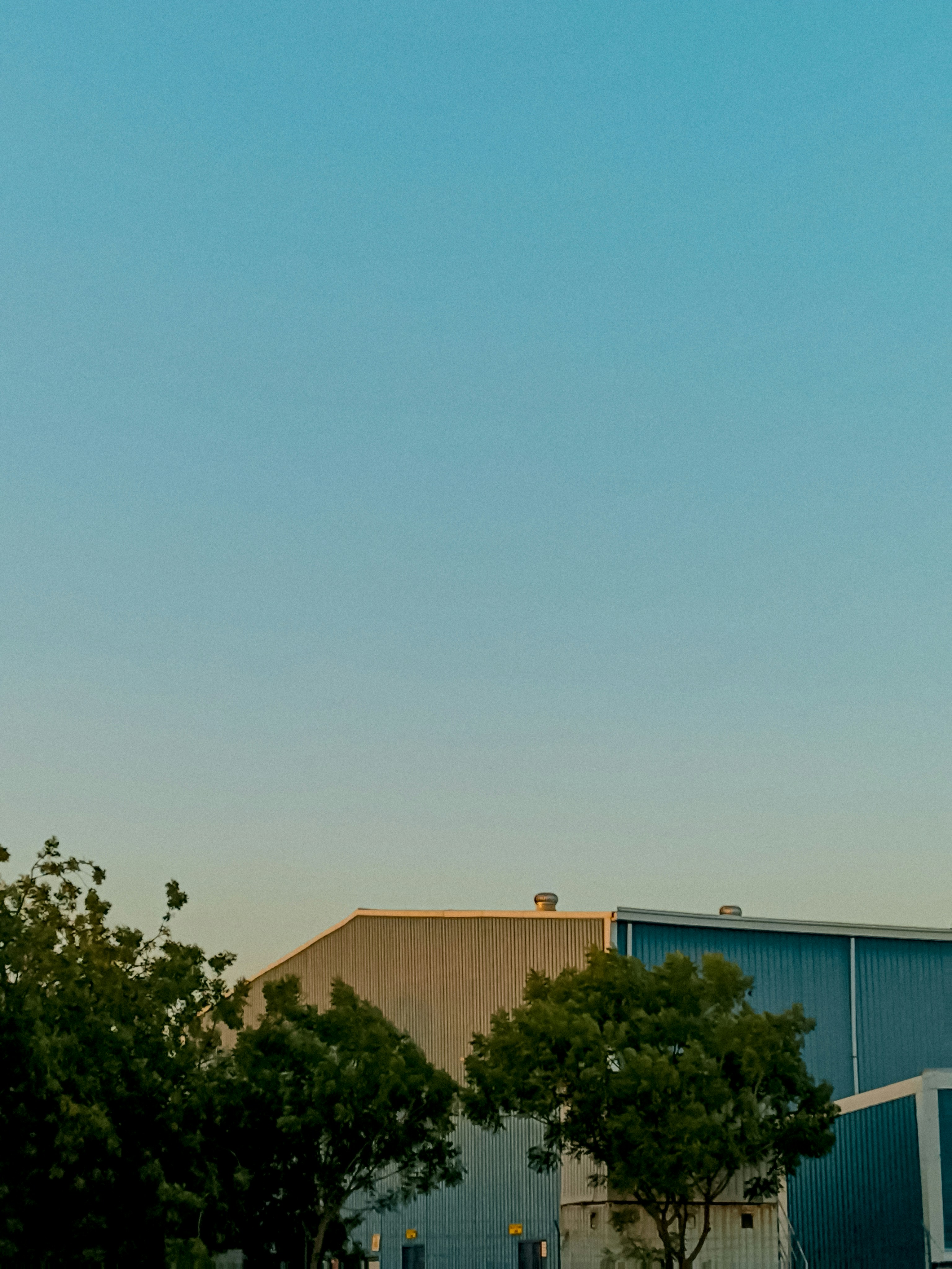 a plane flying over a building with trees in front of it