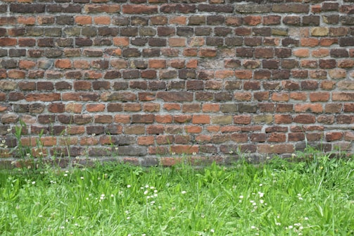 A retaining wall made from textured brickwork supporting a raised garden bed with colorful plants.