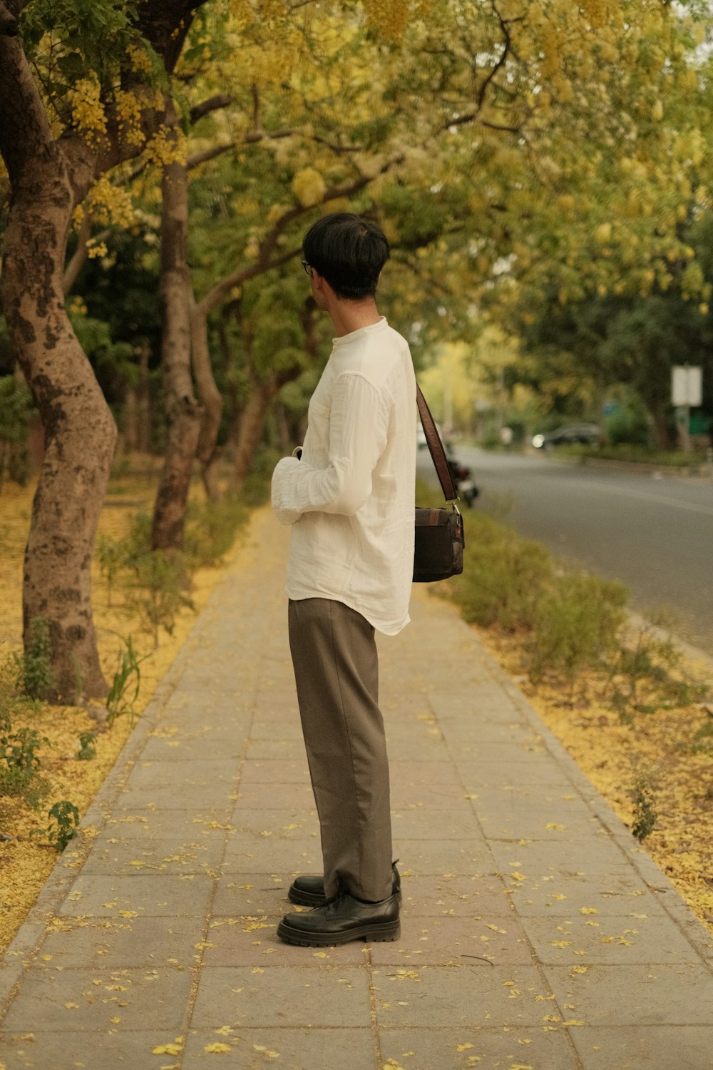 a man standing on a sidewalk next to a tree