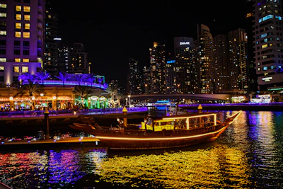 A group enjoying a traditional dhow cruise under the stars on Dubai Creek.