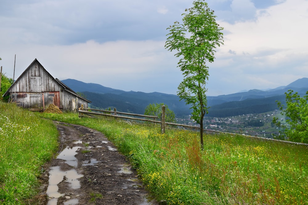 a dirt path leading to a barn on a hill