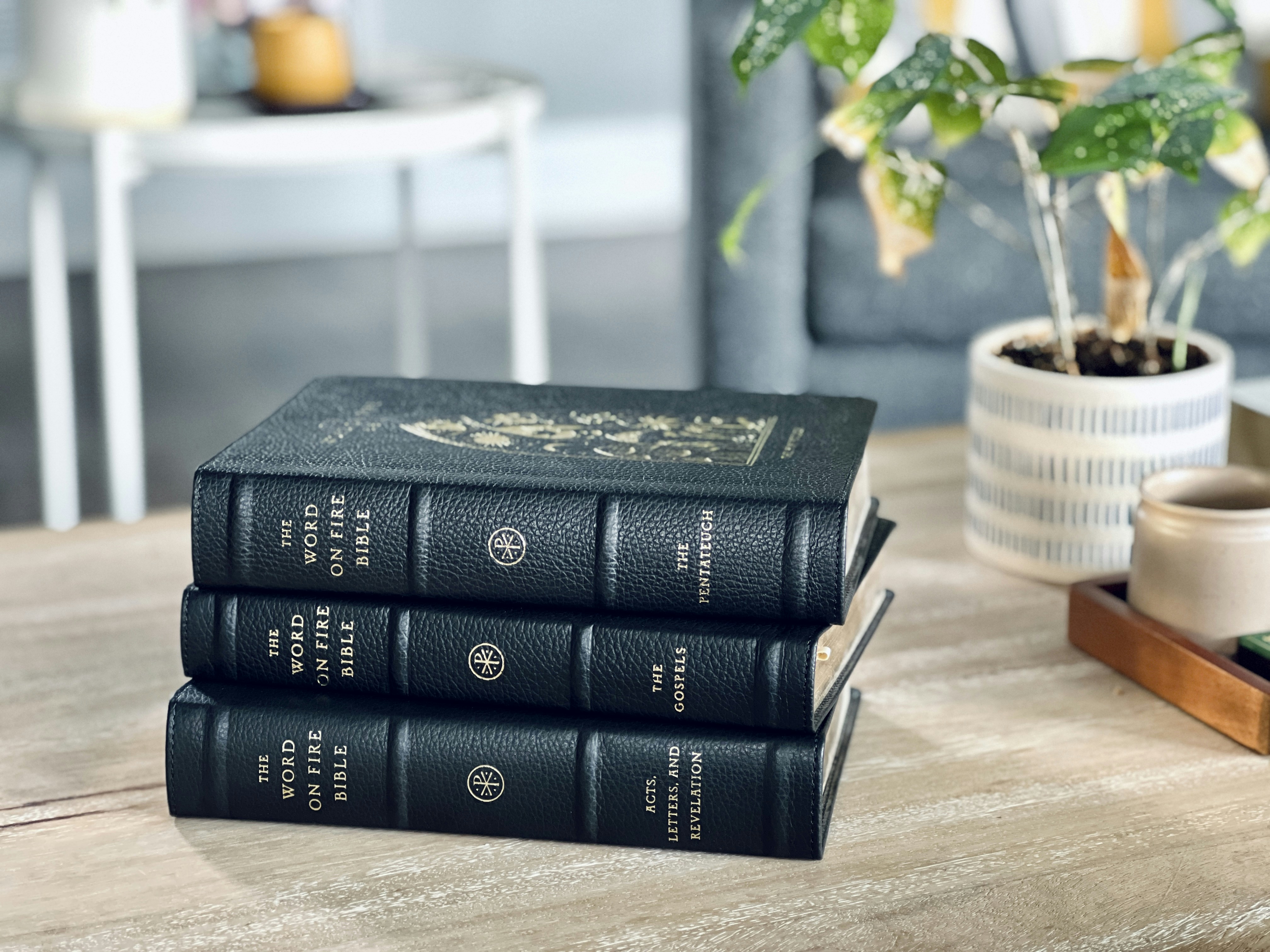 a stack of three books sitting on top of a wooden table