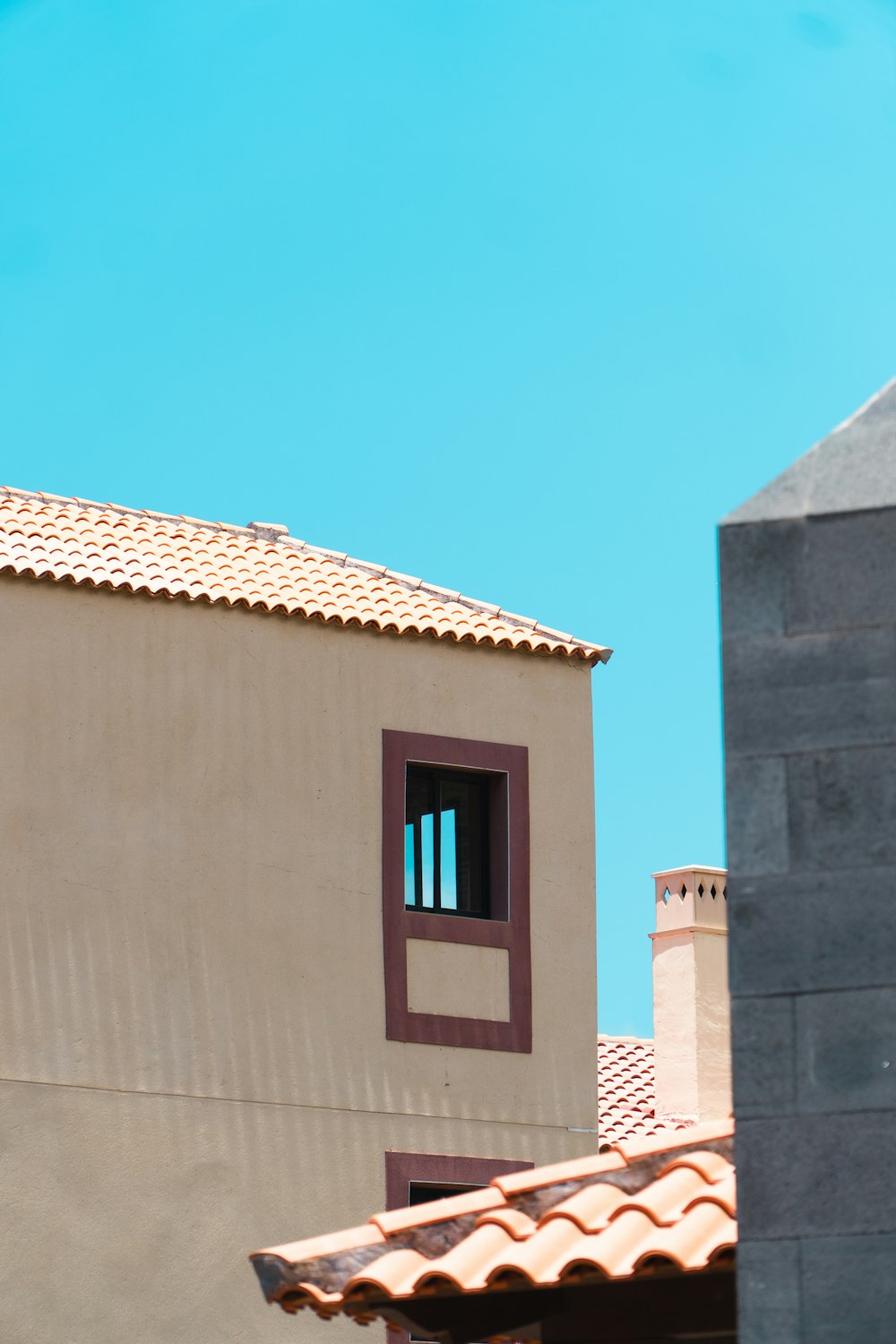 a bird is perched on the roof of a building