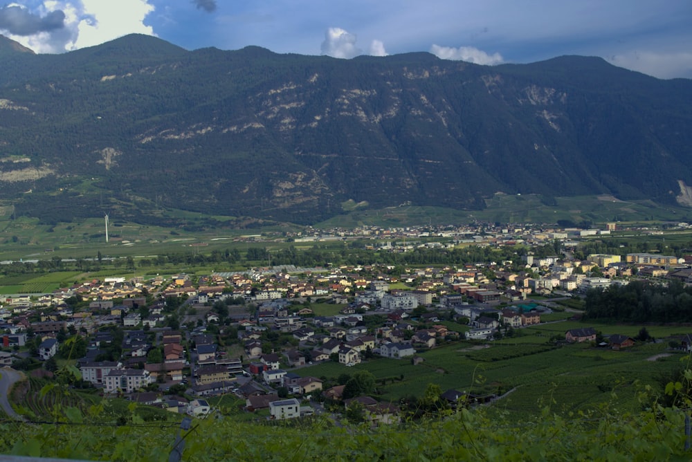 a scenic view of a small town with mountains in the background