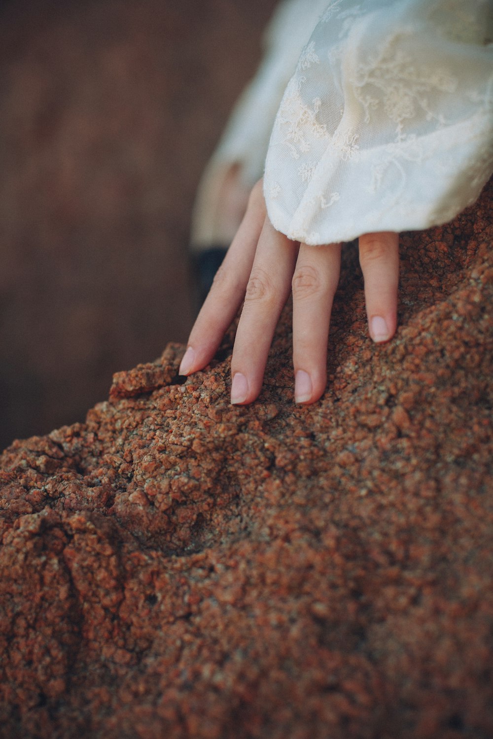 a close up of a person's hand on a rock