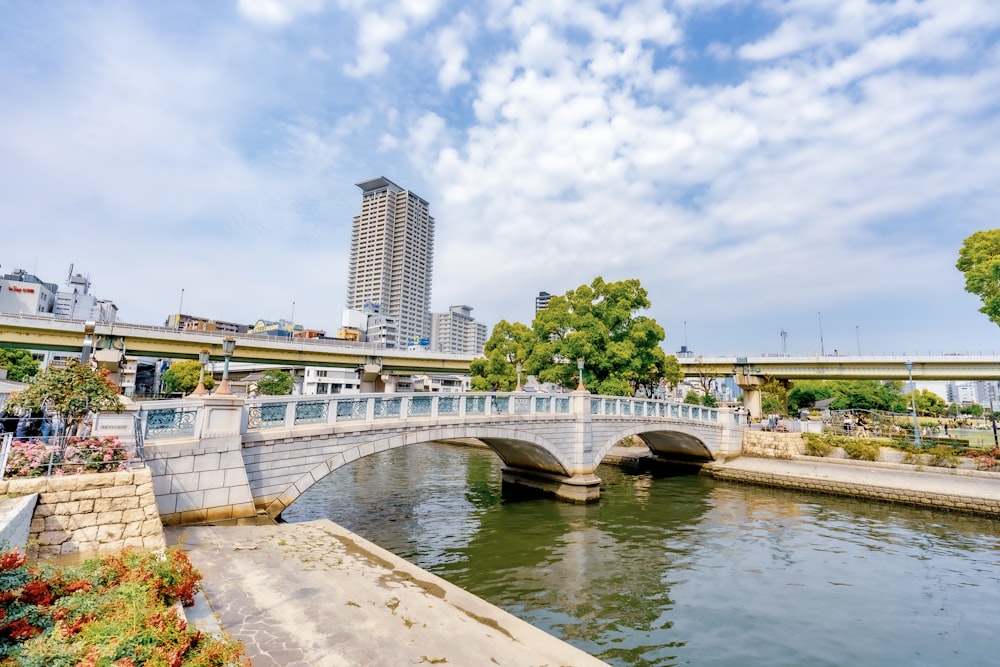 a bridge over a body of water with buildings in the background