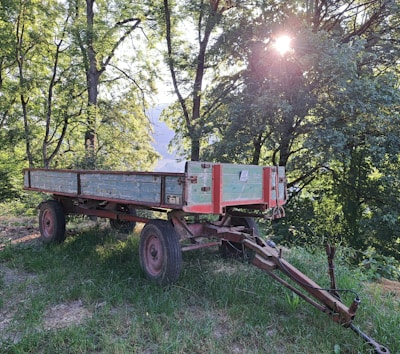 A rustic wooden trailer with red and green paint sits on grass, surrounded by lush trees with sunlight filtering through the leaves.